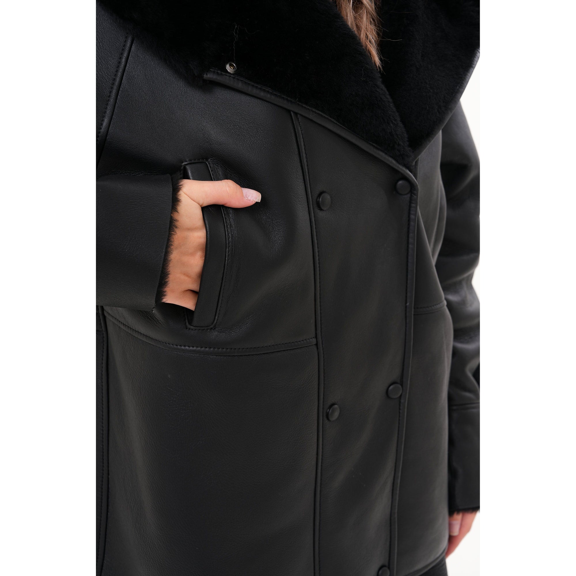 The Denali Hooded Black Shearling Leather Women Jacket