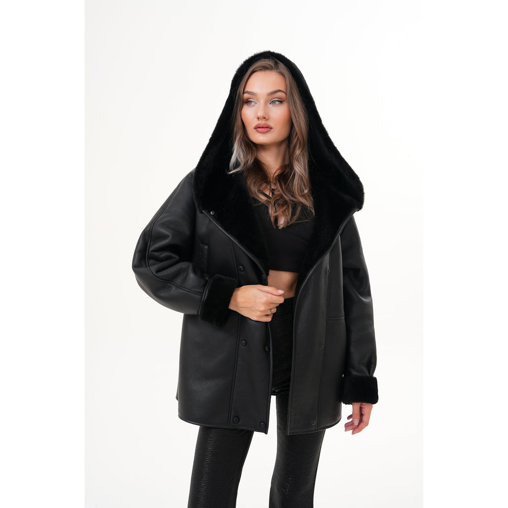 The Denali Hooded Black Shearling Leather Women Jacket