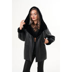The Denali Hooded Black Shearling Leather Women Jacket