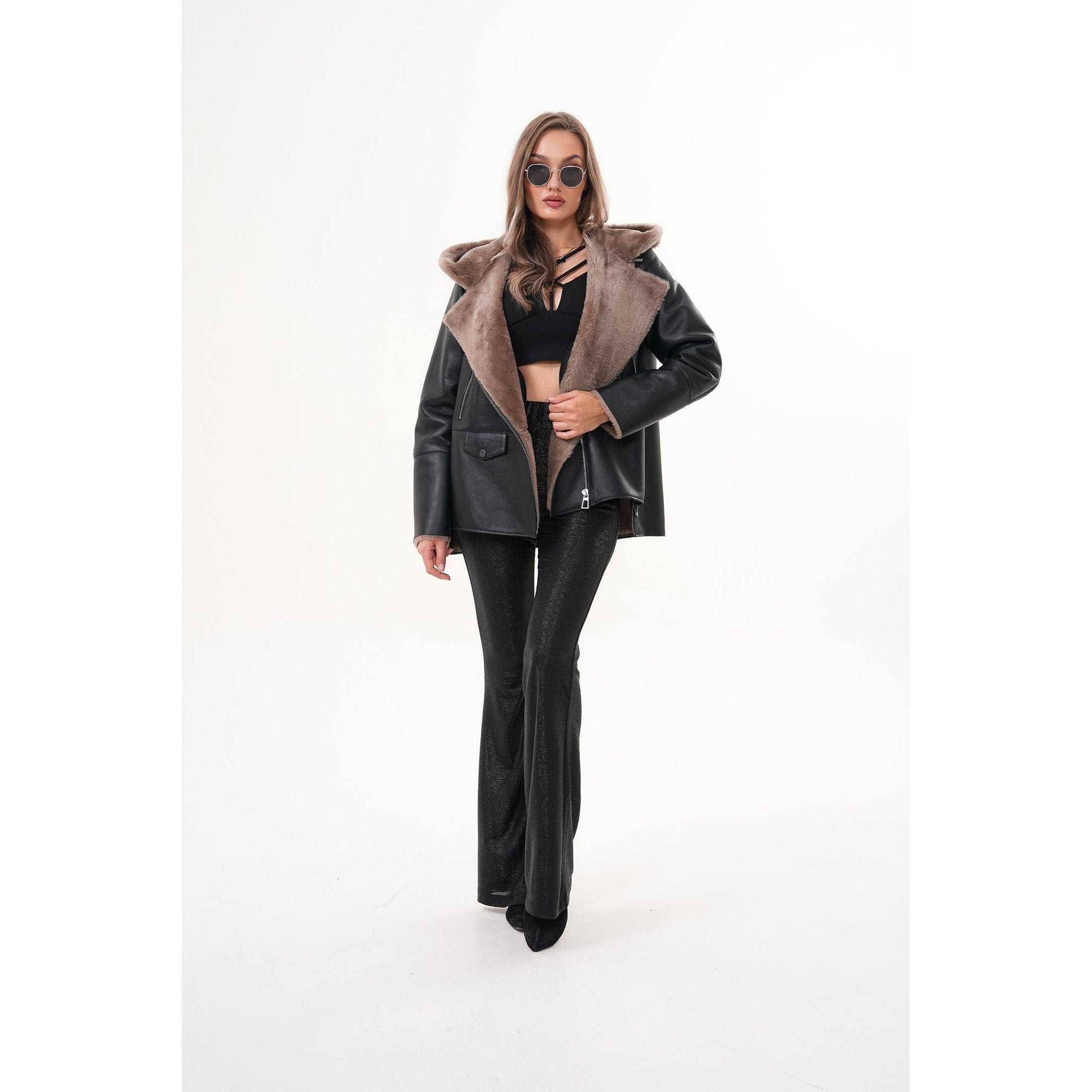 The Duchess Shearling Brown Leather Women Hooded Jacket