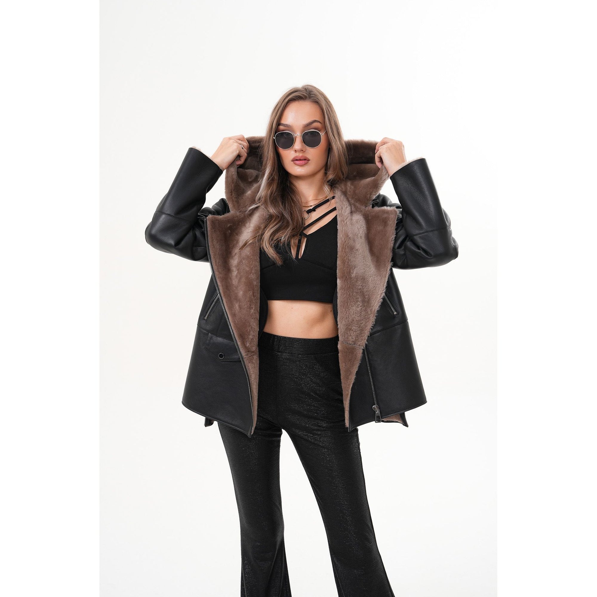 The Duchess Shearling Brown Leather Women Hooded Jacket