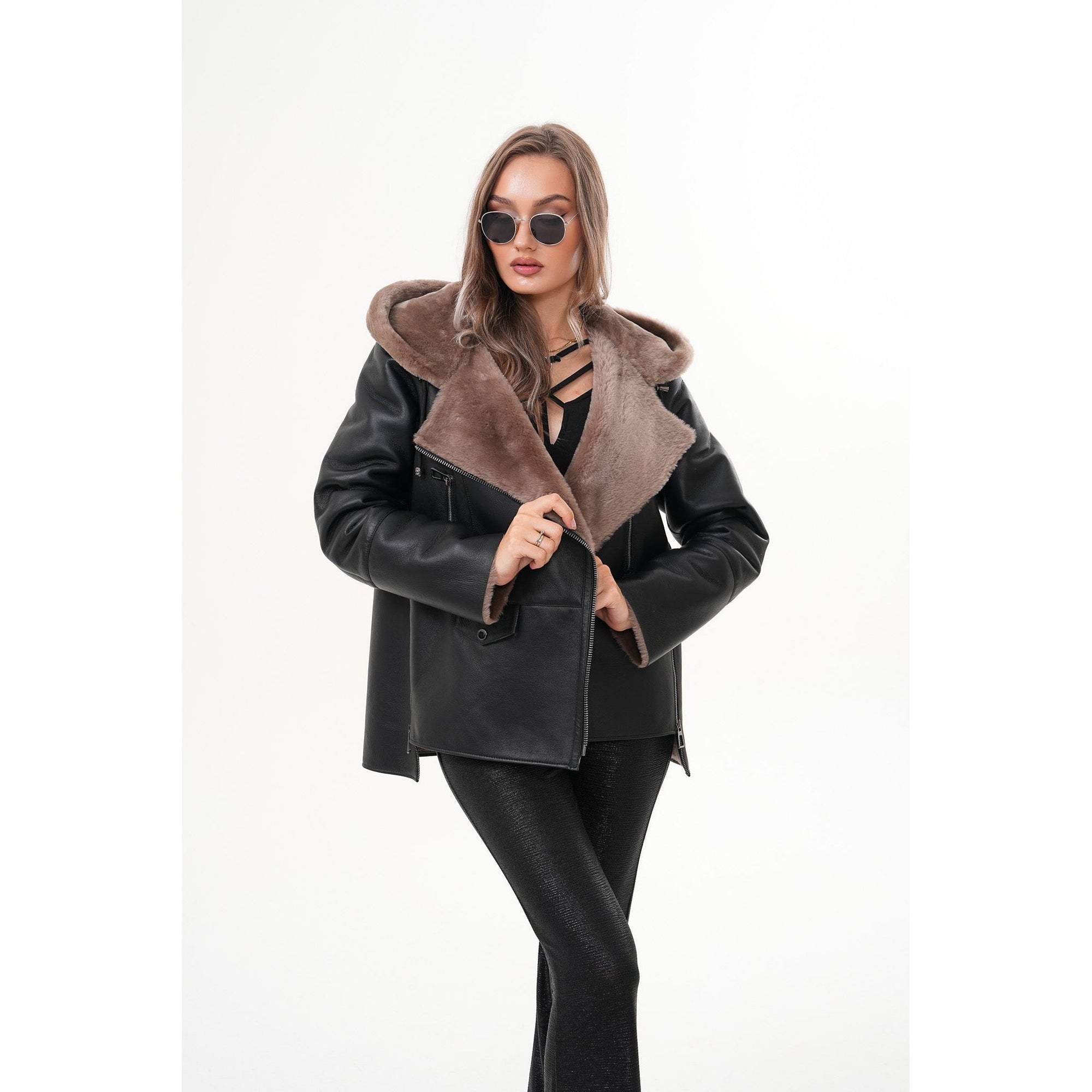 The Duchess Shearling Brown Leather Women Hooded Jacket