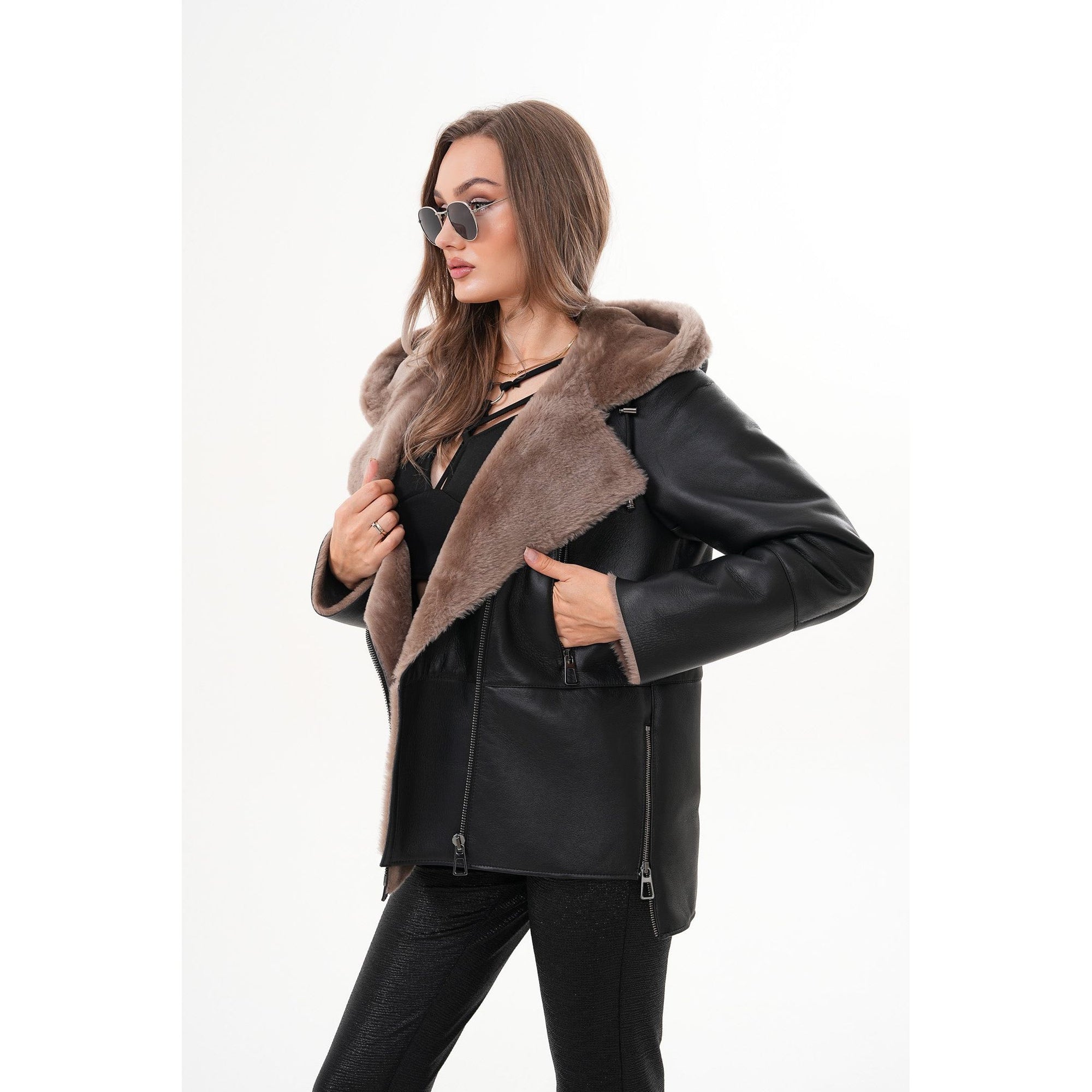 The Duchess Shearling Brown Leather Women Hooded Jacket