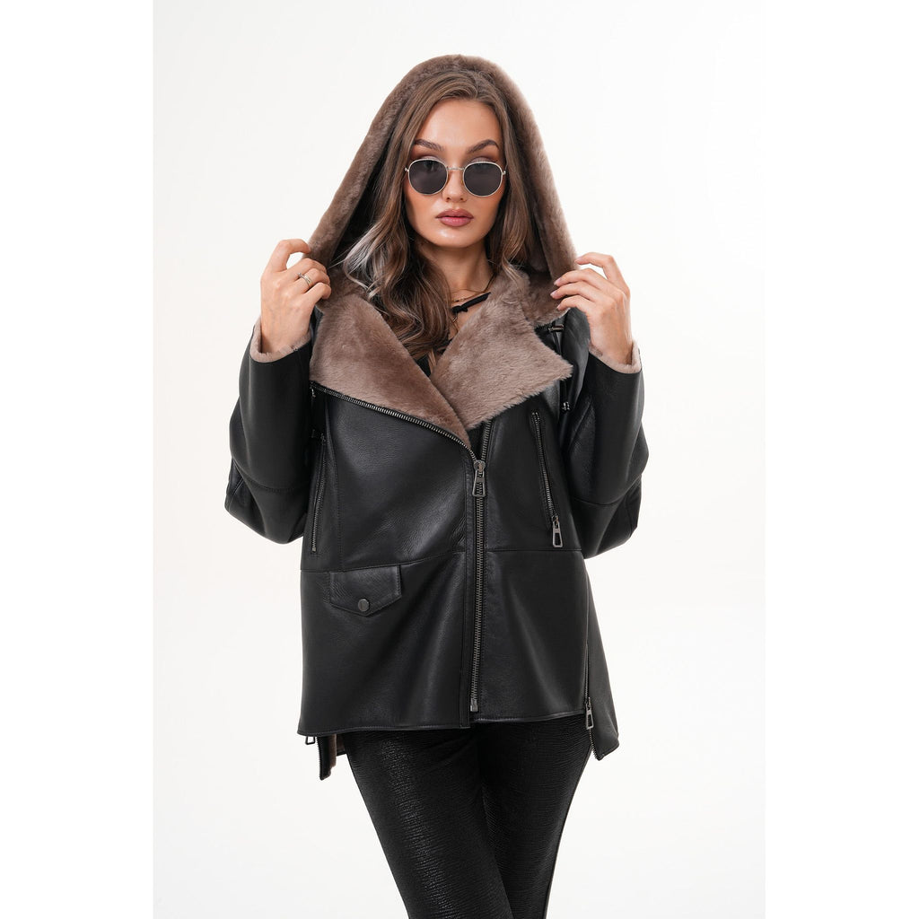 The Duchess Shearling Brown Leather Women Hooded Jacket