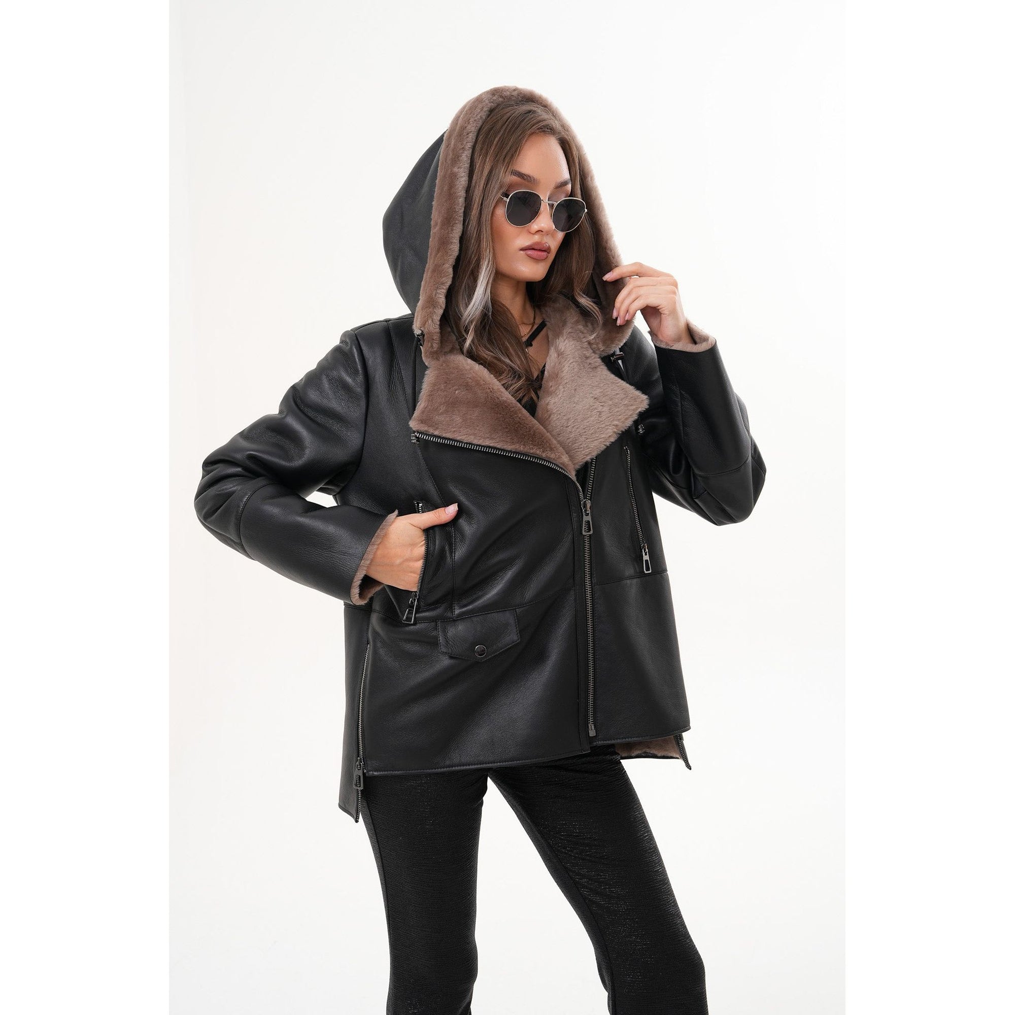 The Duchess Shearling Brown Leather Women Hooded Jacket