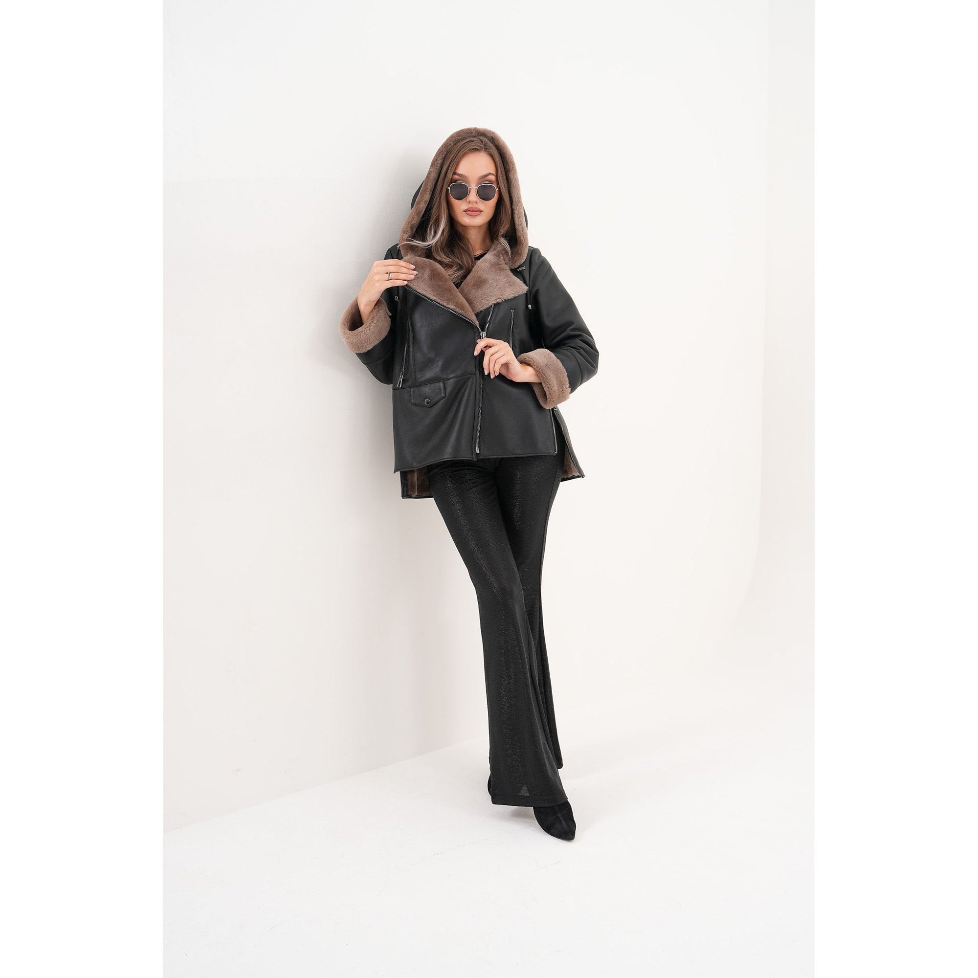 The Duchess Shearling Brown Leather Women Hooded Jacket