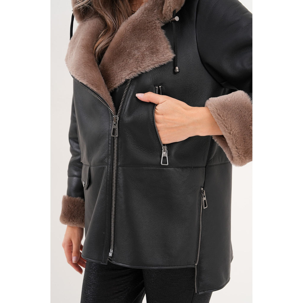 The Duchess Shearling Brown Leather Women Hooded Jacket