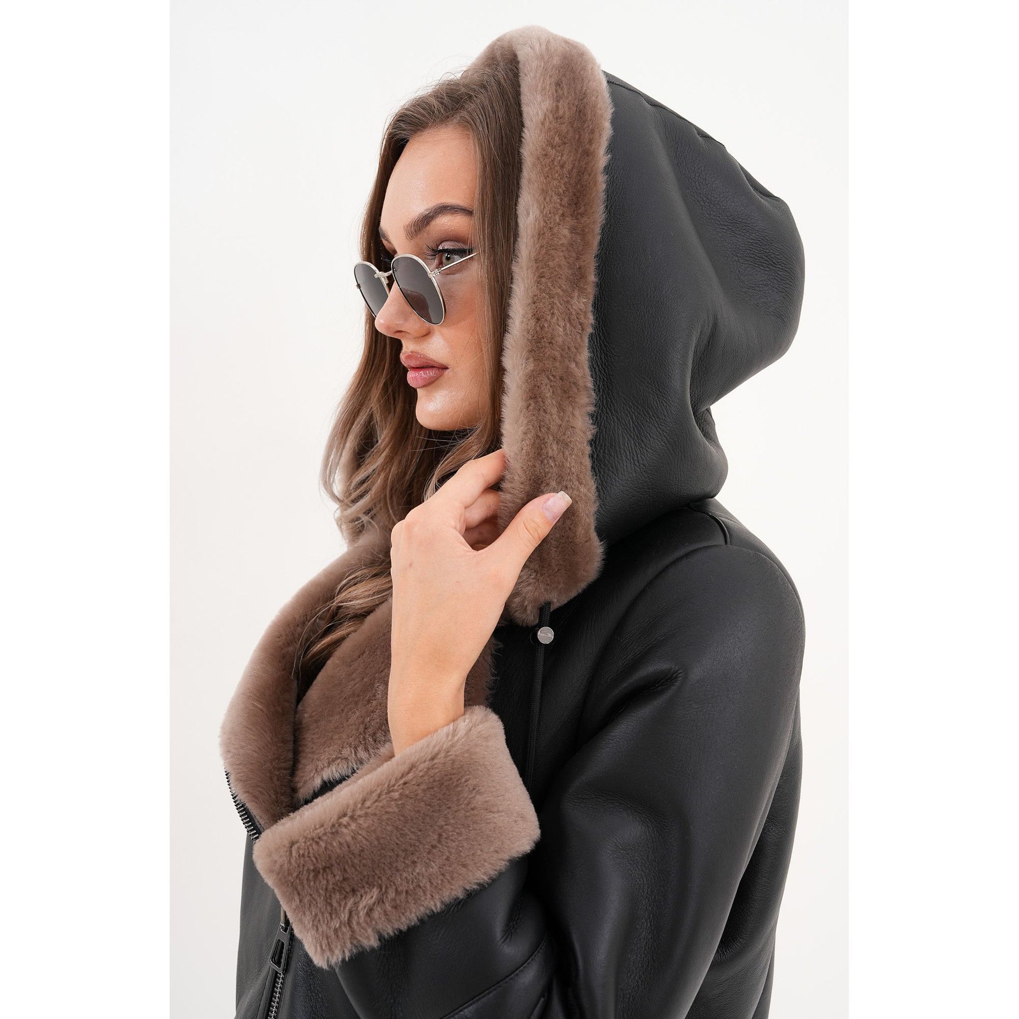 The Duchess Shearling Brown Leather Women Hooded Jacket