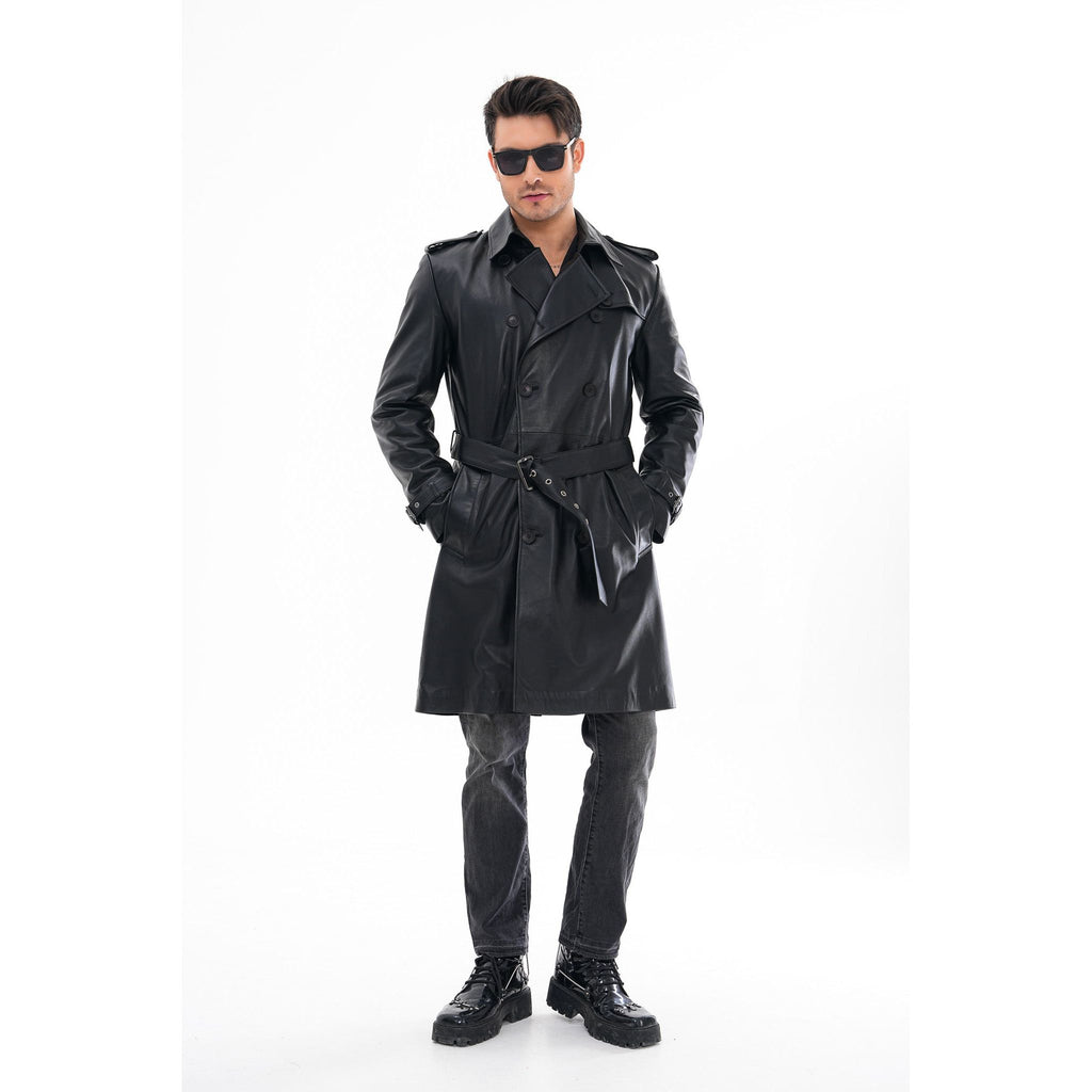 Vinci The Firenze Black Leather Men Leather Trench Coat Jacket