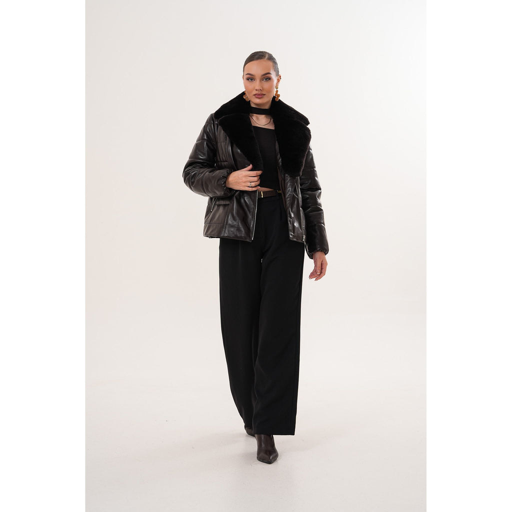 The Elvaris Dark Chocolate Leather Women Jacket with Fur Collar