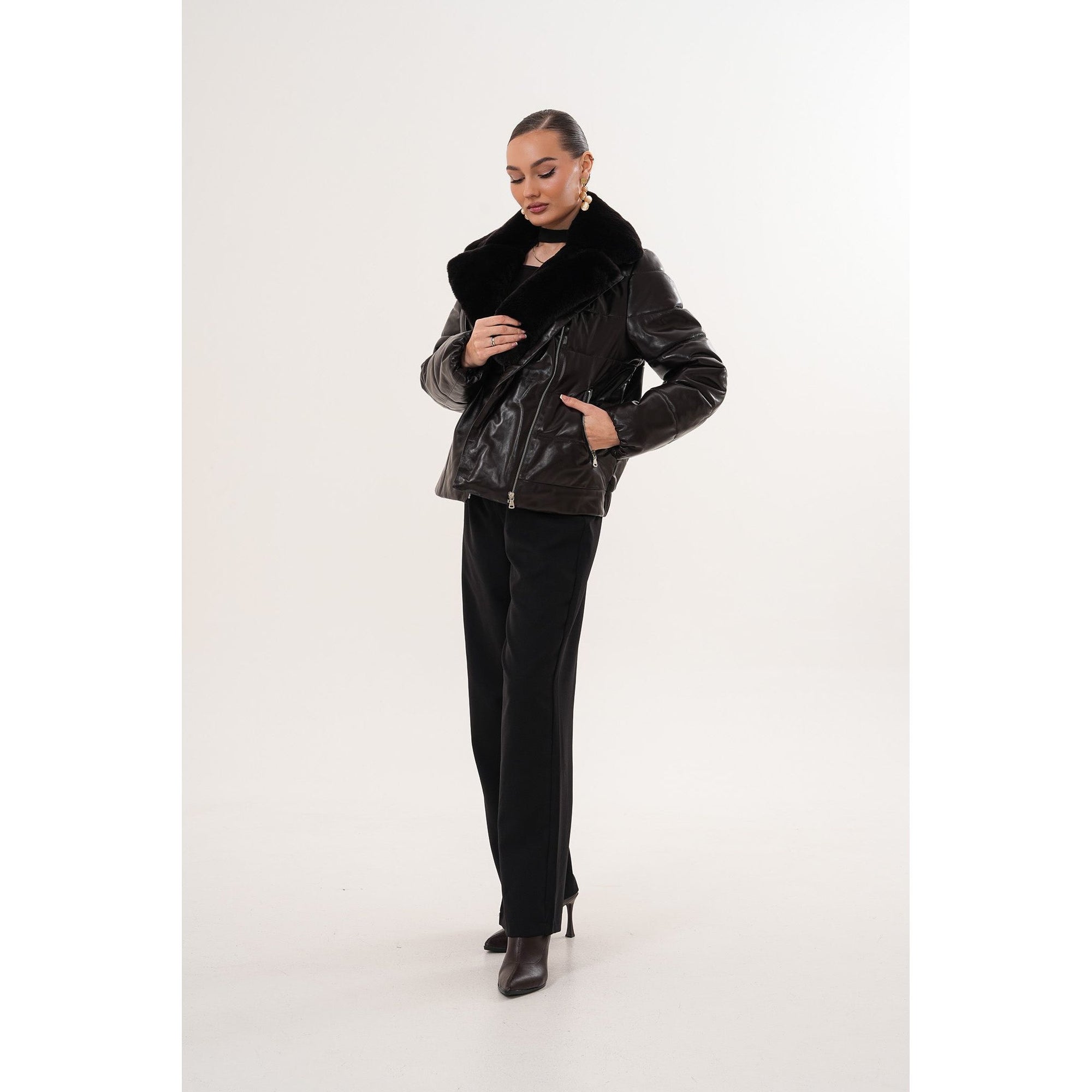 The Elvaris Dark Chocolate Leather Women Jacket with Fur Collar