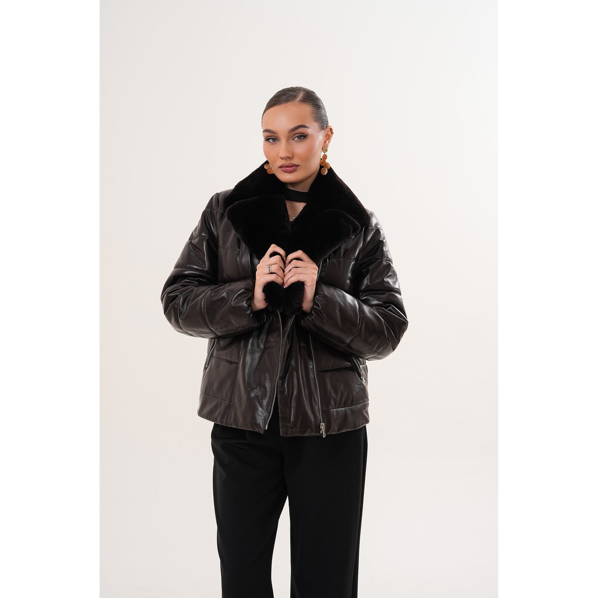 The Elvaris Dark Chocolate Leather Women Jacket with Fur Collar
