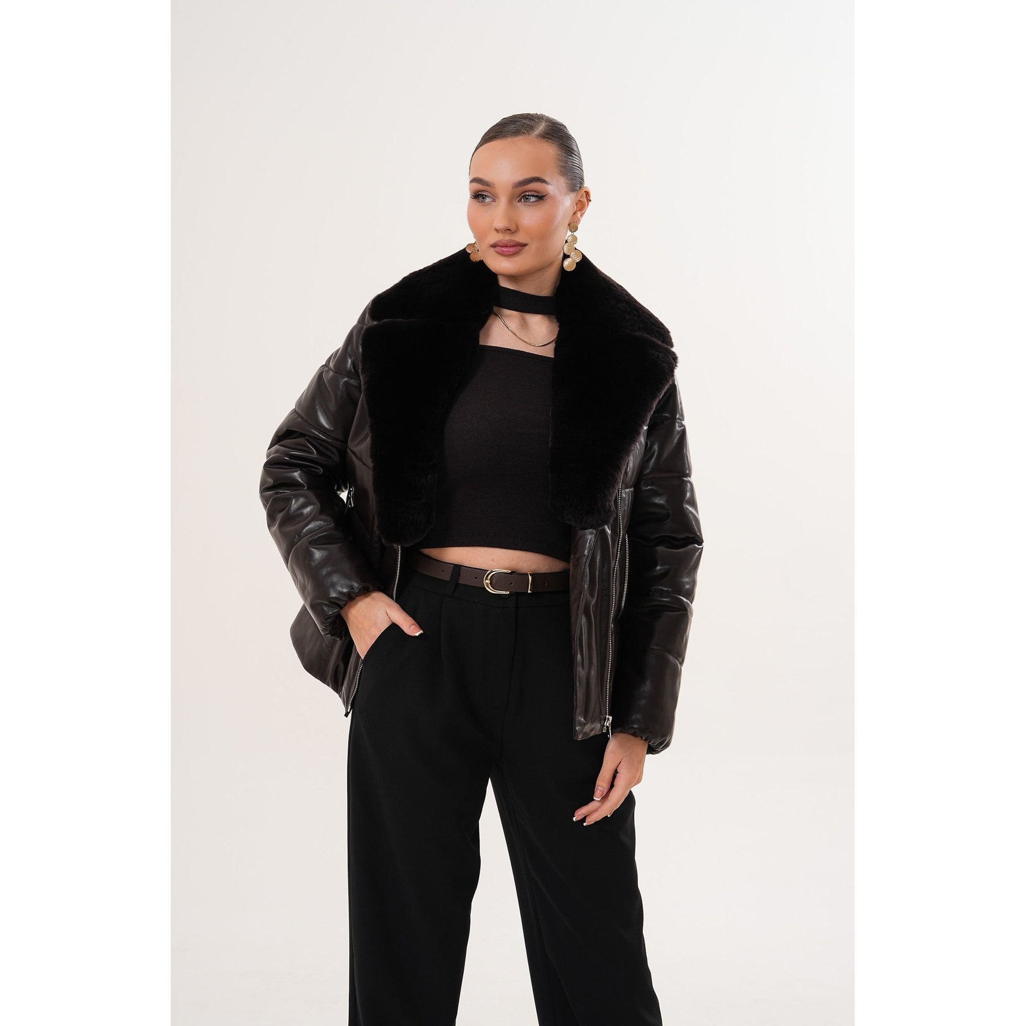 The Elvaris Dark Chocolate Leather Women Jacket with Fur Collar