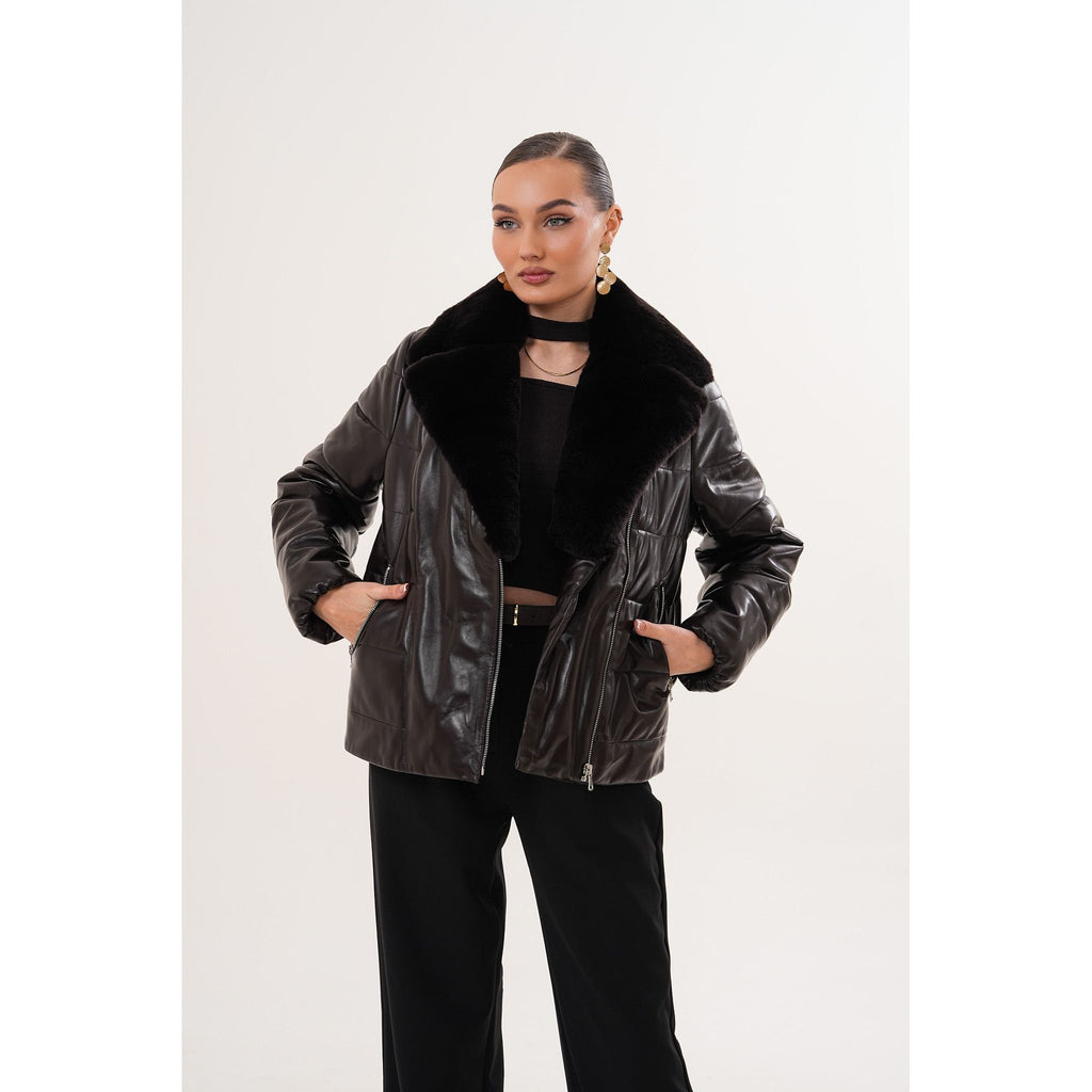 The Elvaris Dark Chocolate Leather Women Jacket with Fur Collar