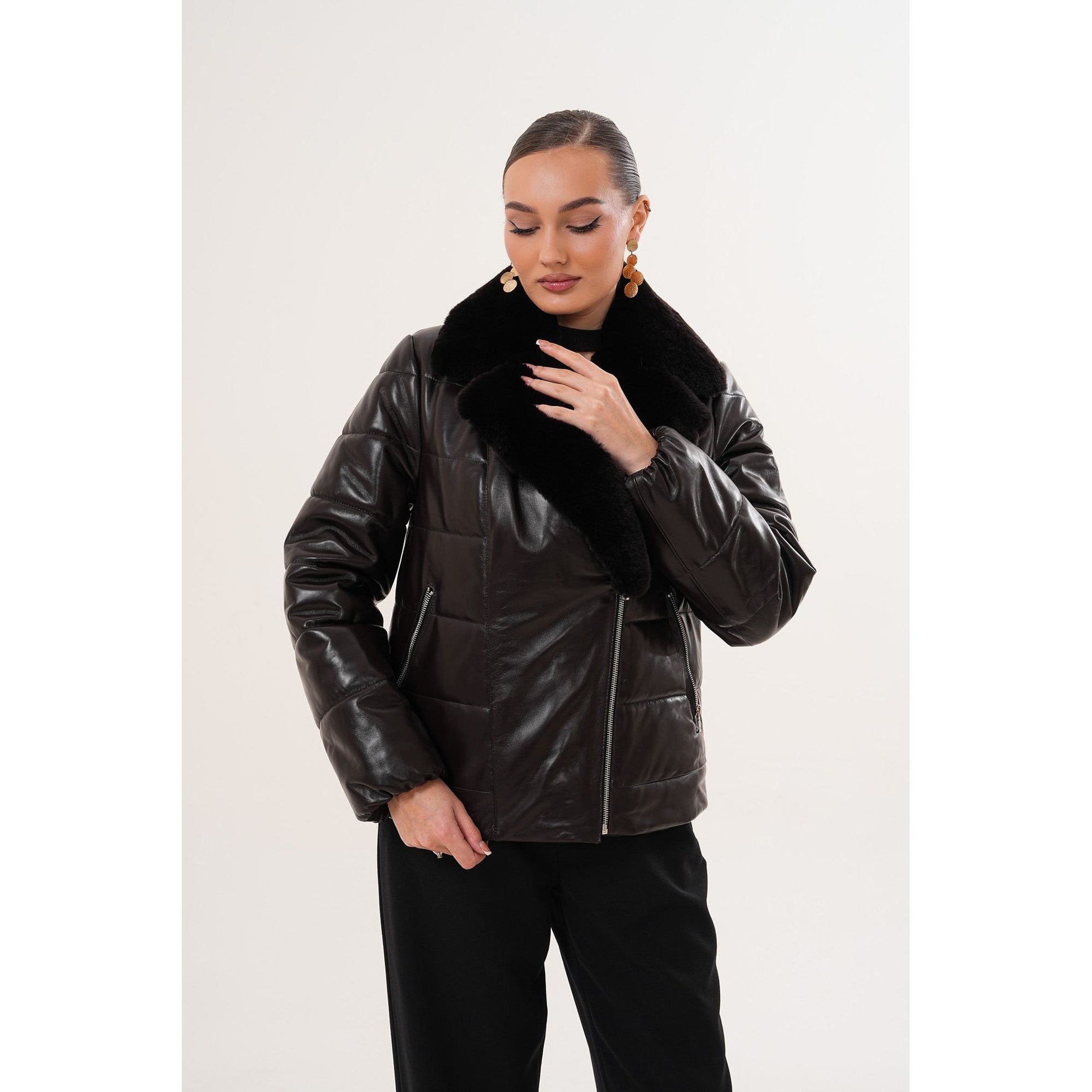 The Elvaris Dark Chocolate Leather Women Jacket with Fur Collar