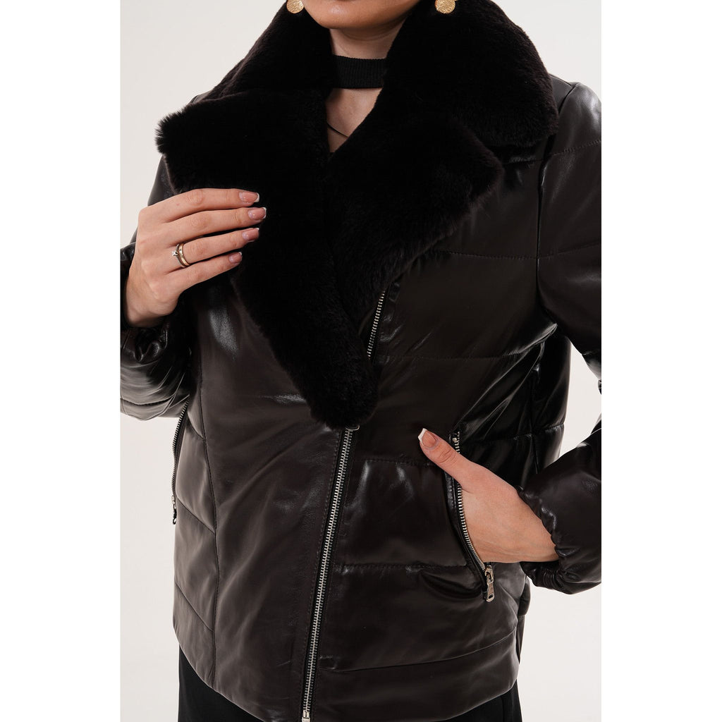 The Elvaris Dark Chocolate Leather Women Jacket with Fur Collar