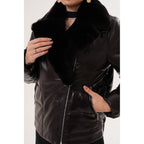 The Elvaris Dark Chocolate Leather Women Jacket with Fur Collar