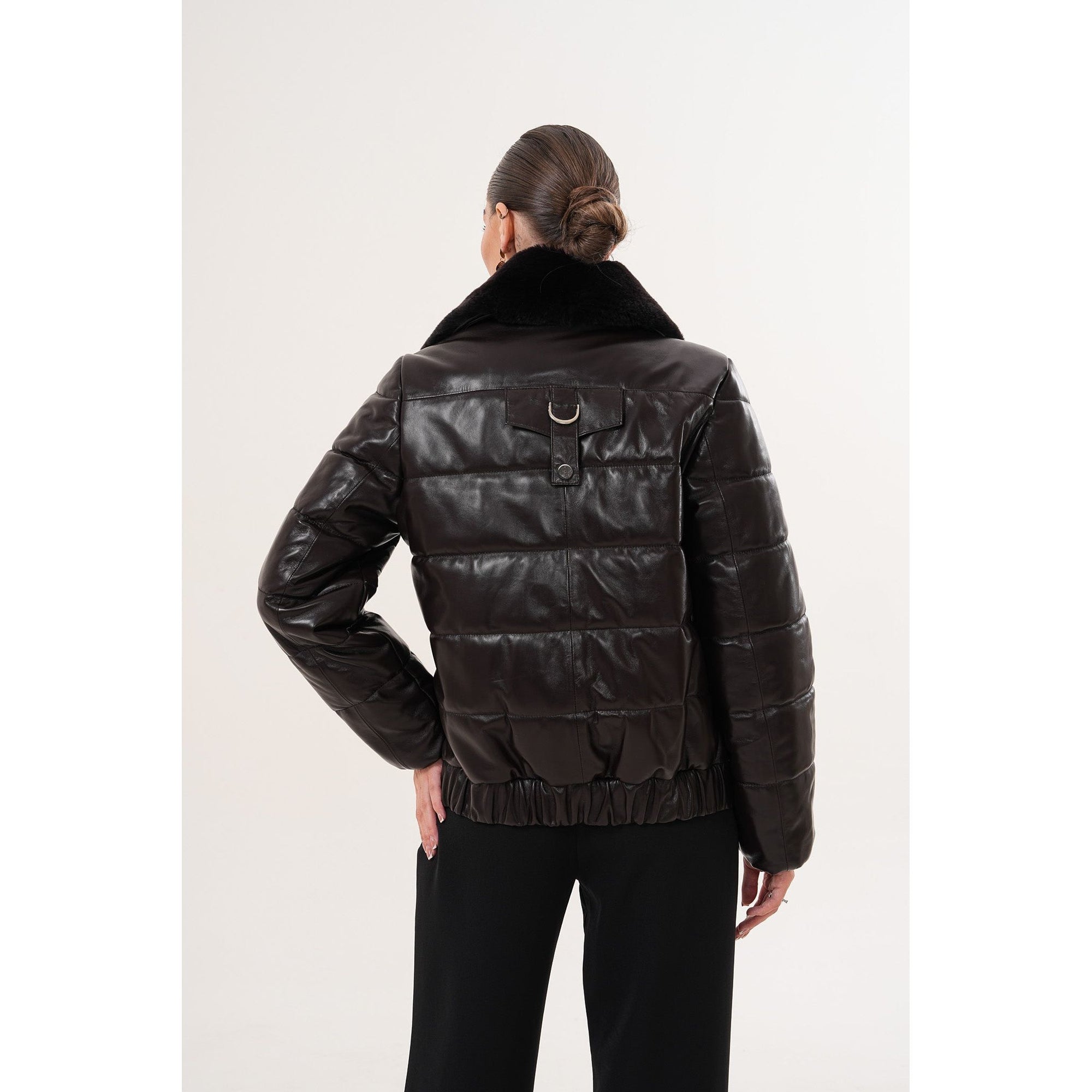 The Elvaris Dark Chocolate Leather Women Jacket with Fur Collar