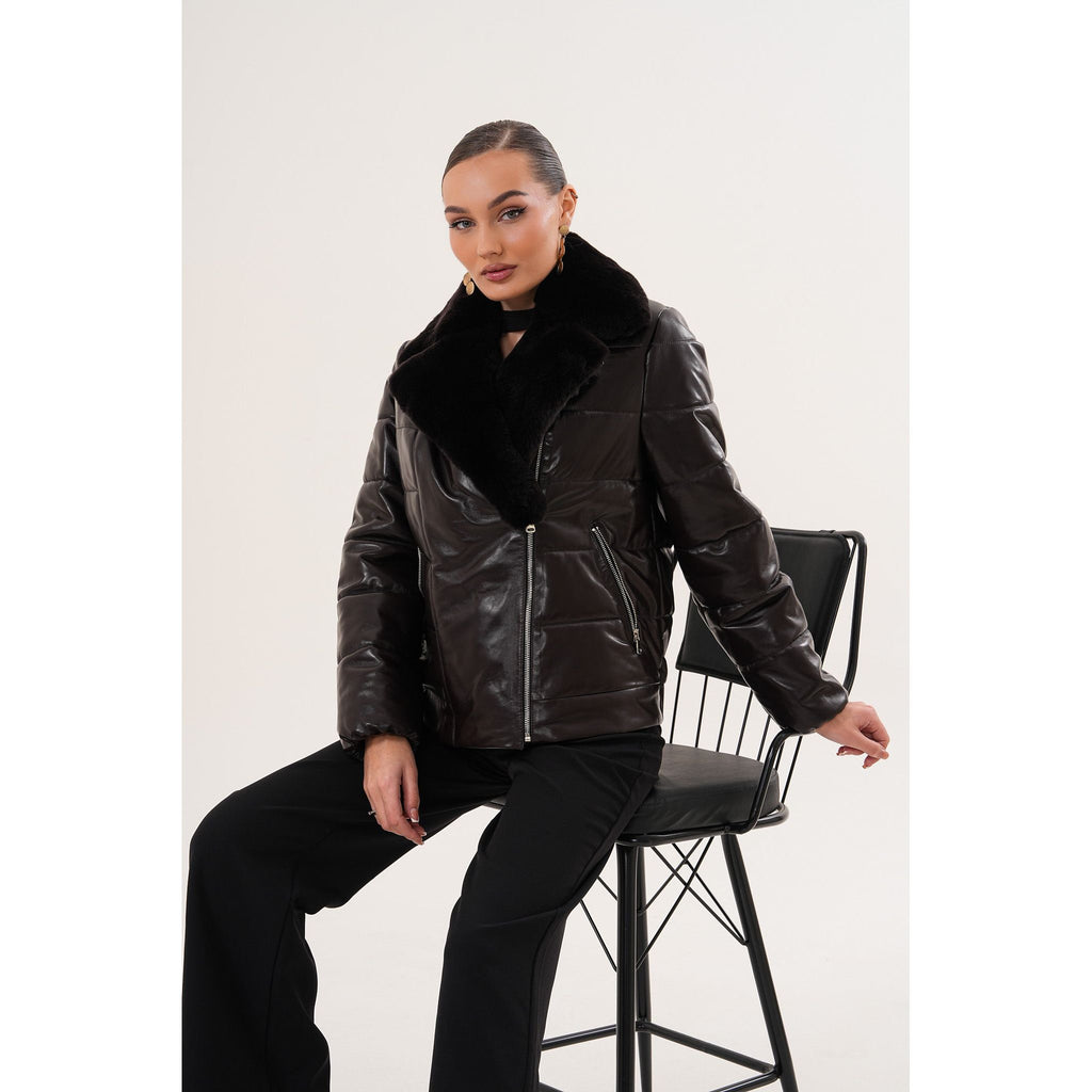 The Elvaris Dark Chocolate Leather Women Jacket with Fur Collar