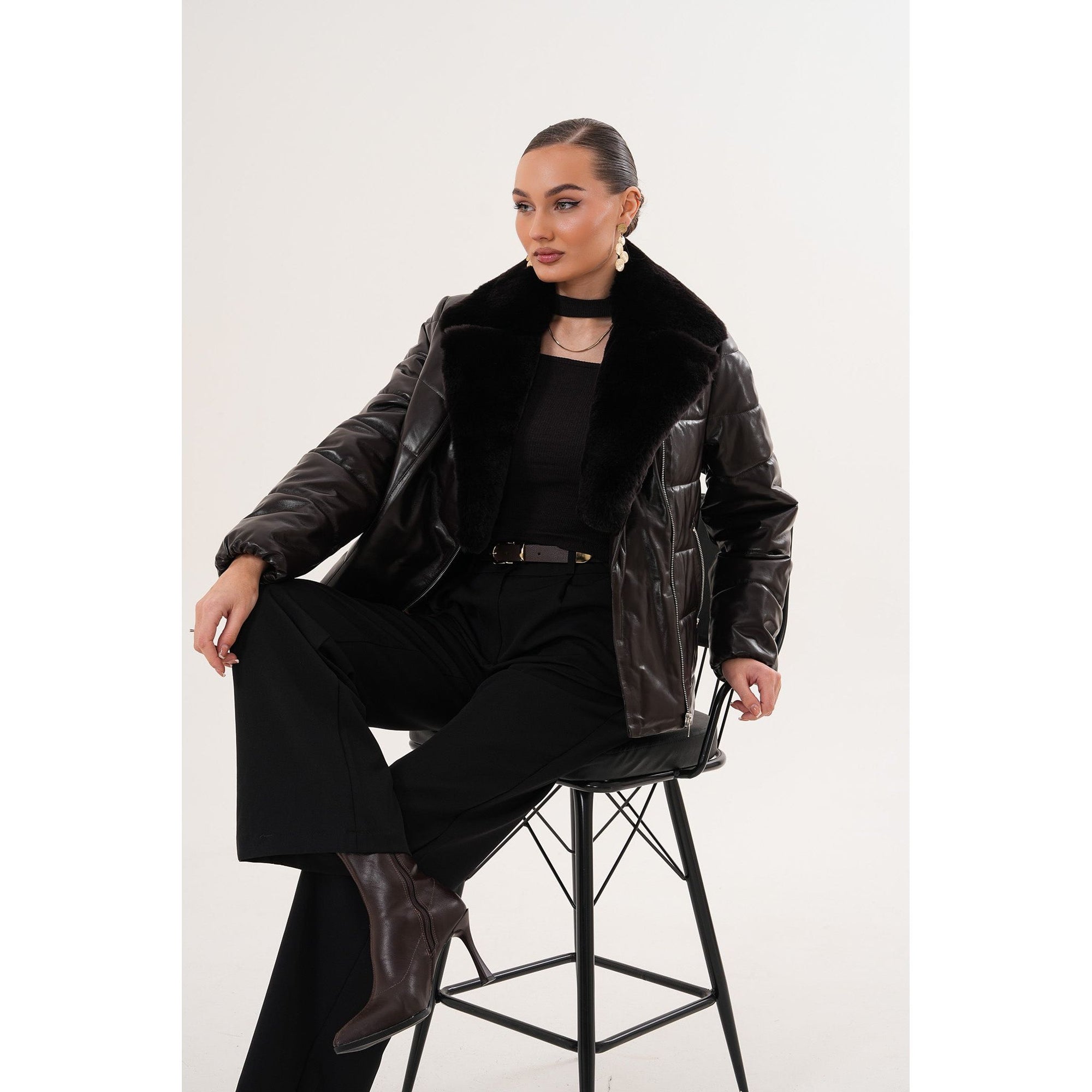The Elvaris Dark Chocolate Leather Women Jacket with Fur Collar