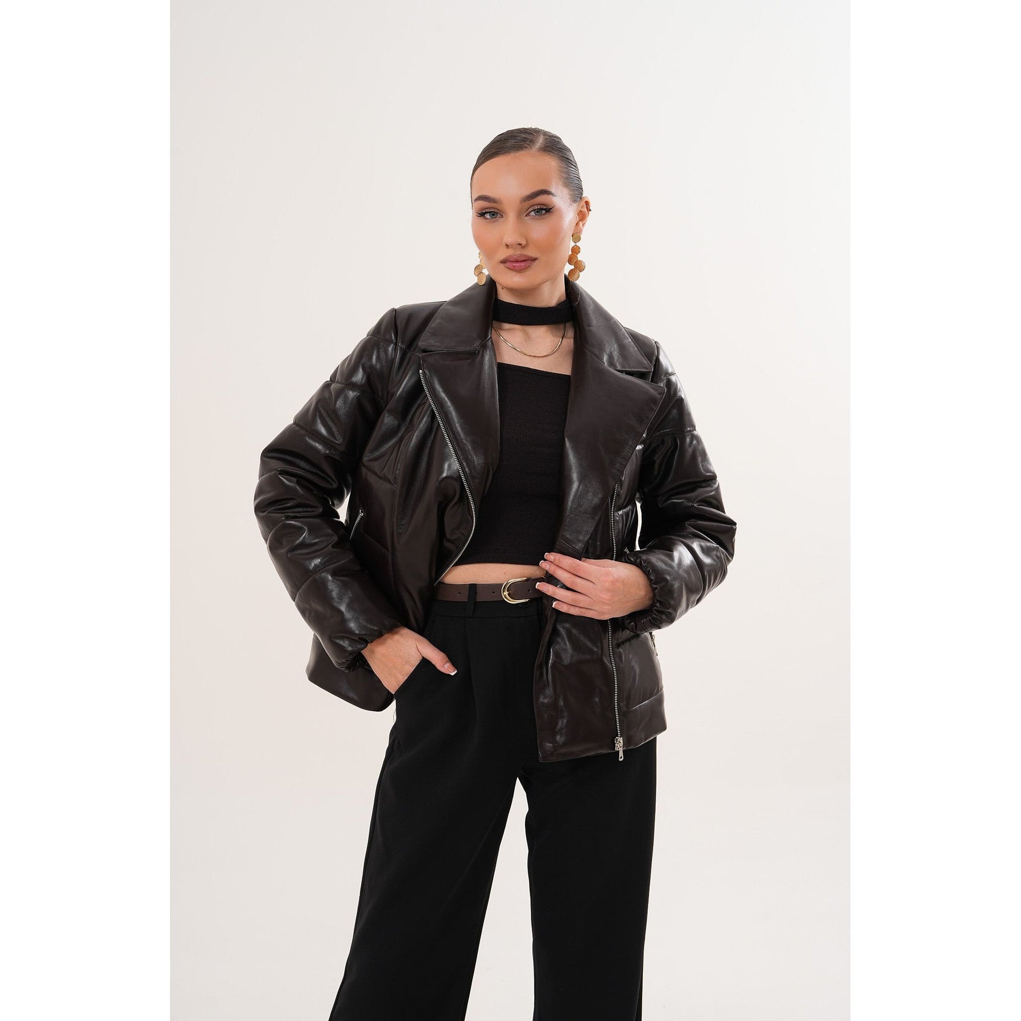The Elvaris Dark Chocolate Leather Women Jacket with Fur Collar