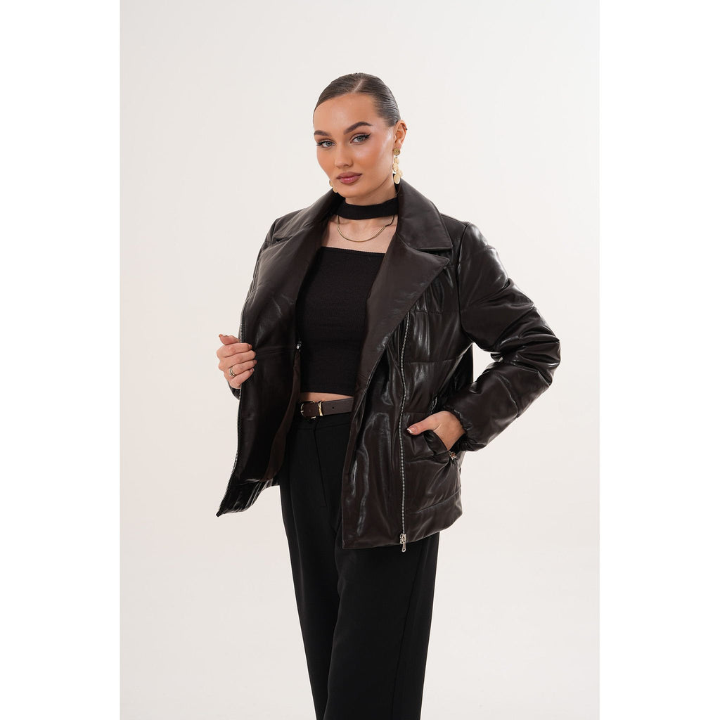 The Elvaris Dark Chocolate Leather Women Jacket with Fur Collar