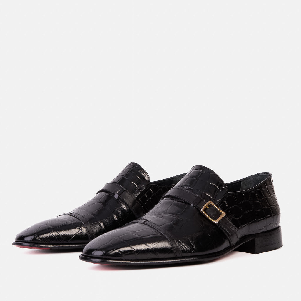 Vinci The Strat Single Monk Strap Cap Toe Black Leather Handmade Men Shoes