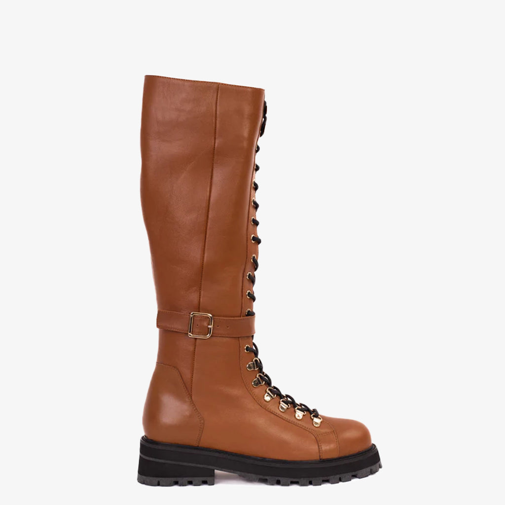 The Istinye Tan Leather Knee High Lace-Up Women Boot Limited Edition Final Sale!