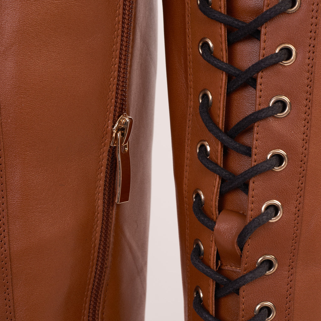 The Istinye Tan Leather Knee High Lace-Up Women Boot Limited Edition Final Sale!