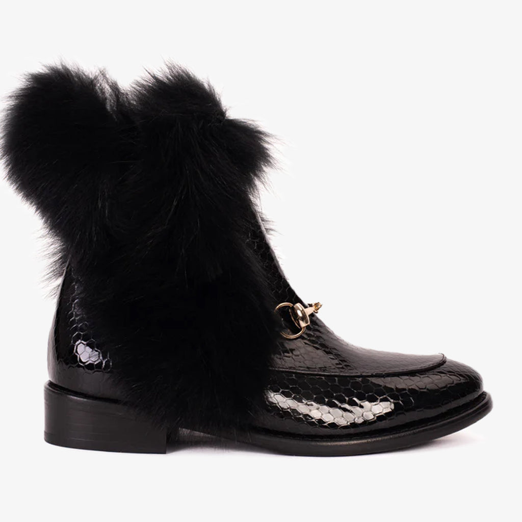 Vinci The Izmir Black Patent Leather Natural Fur Mid Calf Women  Boot