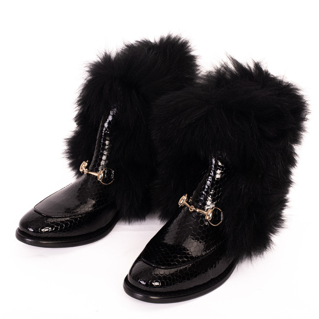 Vinci The Izmir Black Patent Leather Natural Fur Mid Calf Women  Boot