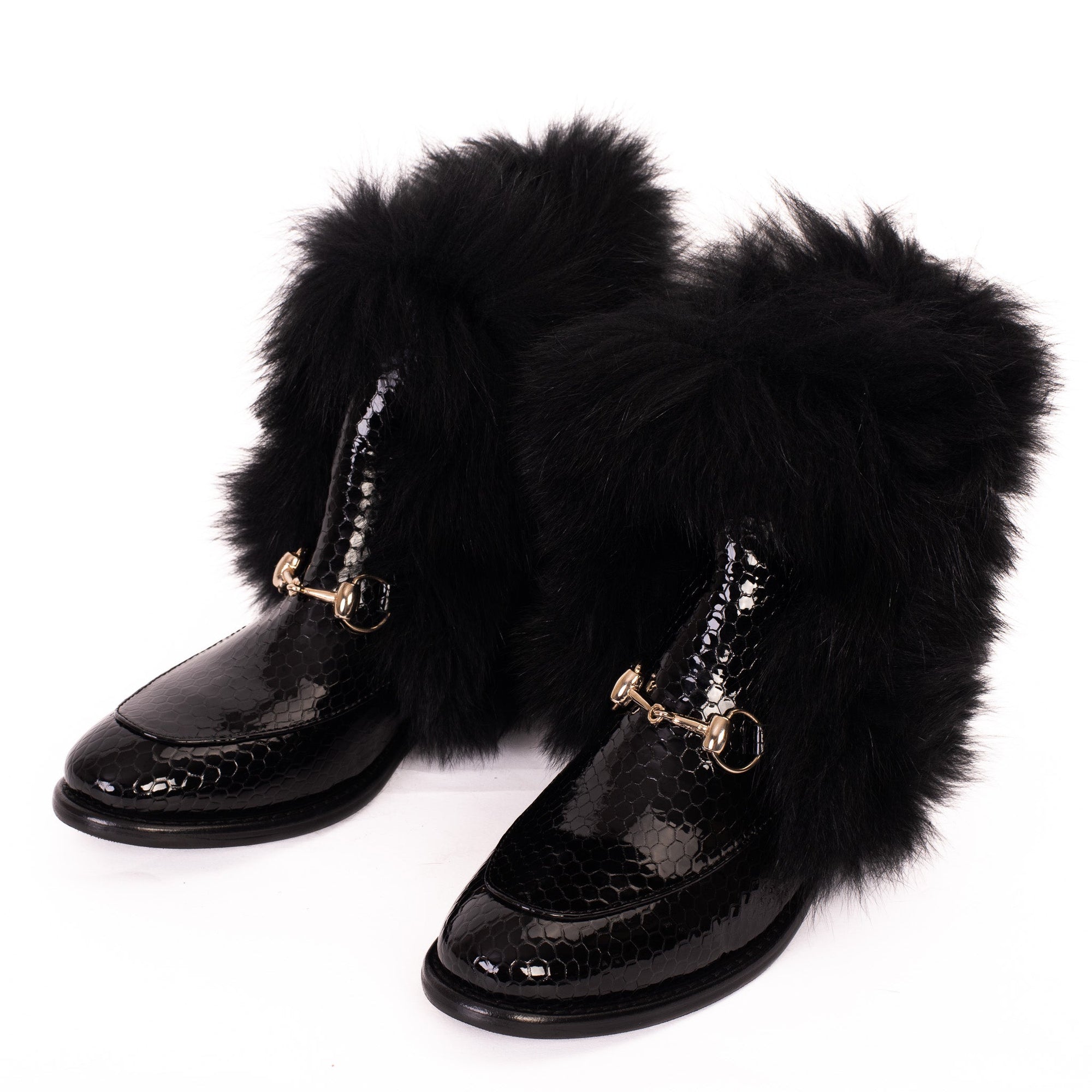 Vinci The Izmir Black Patent Leather Natural Fur Mid Calf Women  Boot