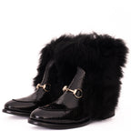 Vinci The Izmir Black Patent Leather Natural Fur Mid Calf Women  Boot