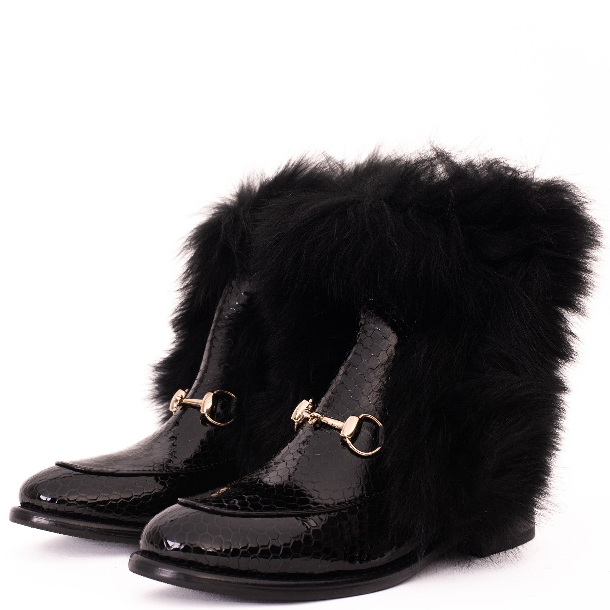 Vinci The Izmir Black Patent Leather Natural Fur Mid Calf Women  Boot