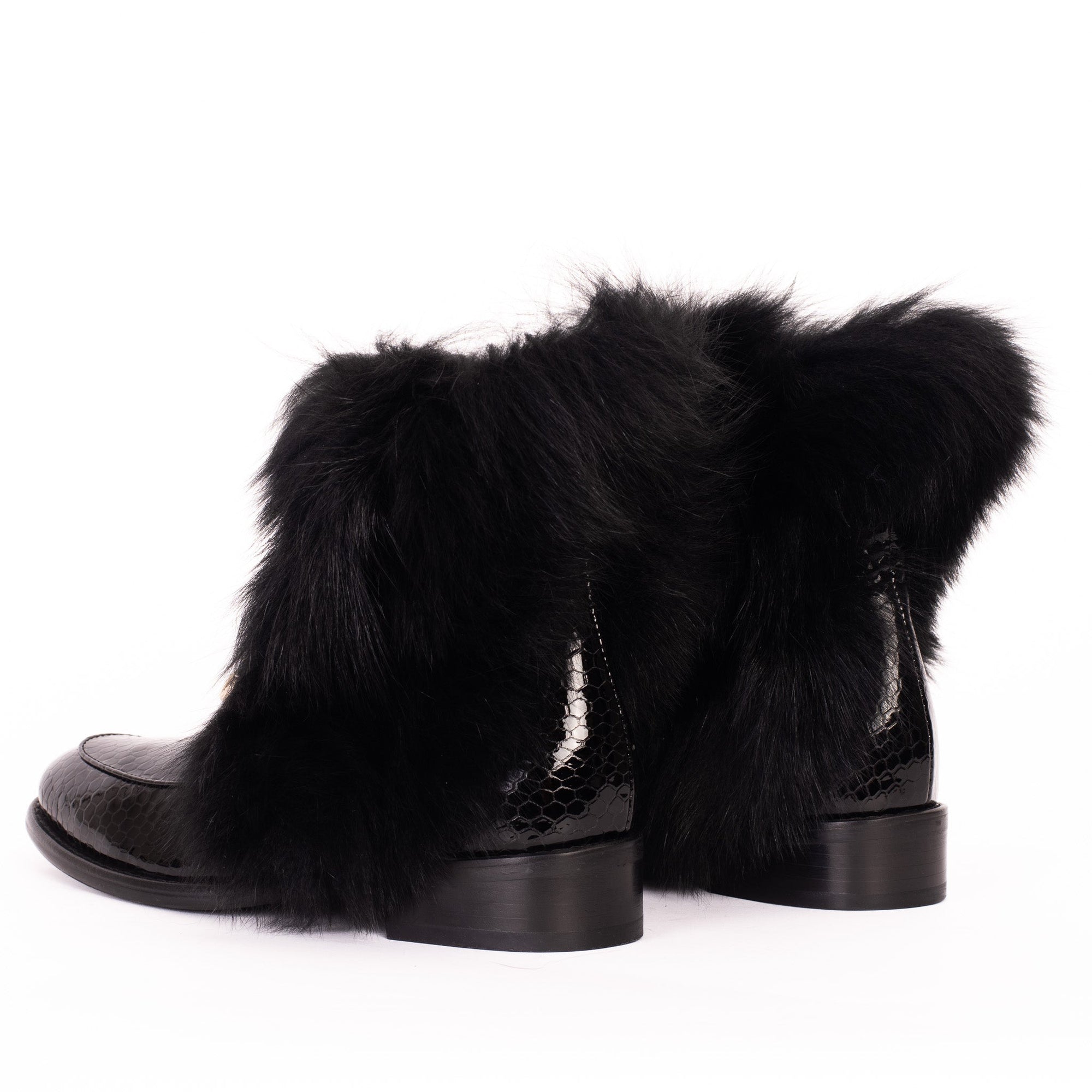 Vinci The Izmir Black Patent Leather Natural Fur Mid Calf Women  Boot
