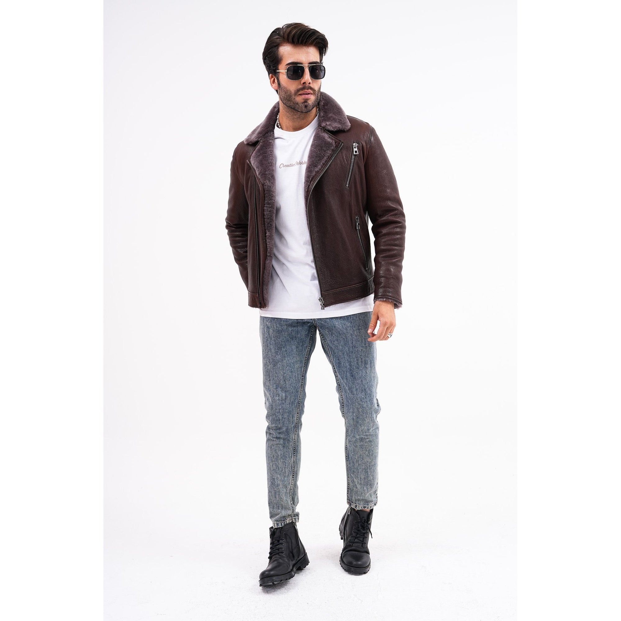 Vinci The Cortina Brown Shearling Leather Men Jacket