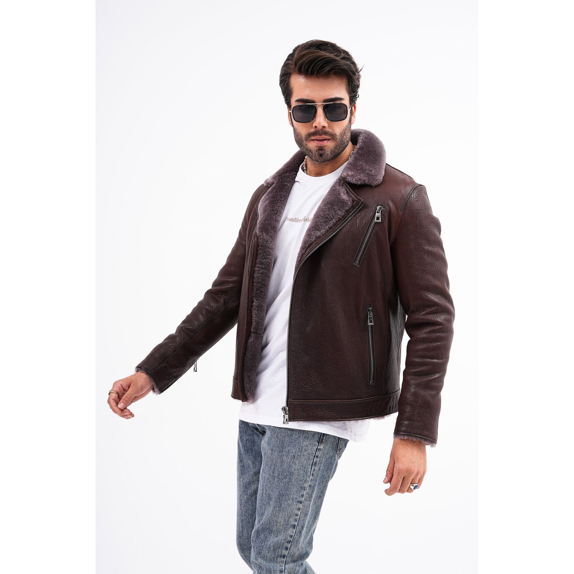 Vinci The Cortina Brown Shearling Leather Men Jacket