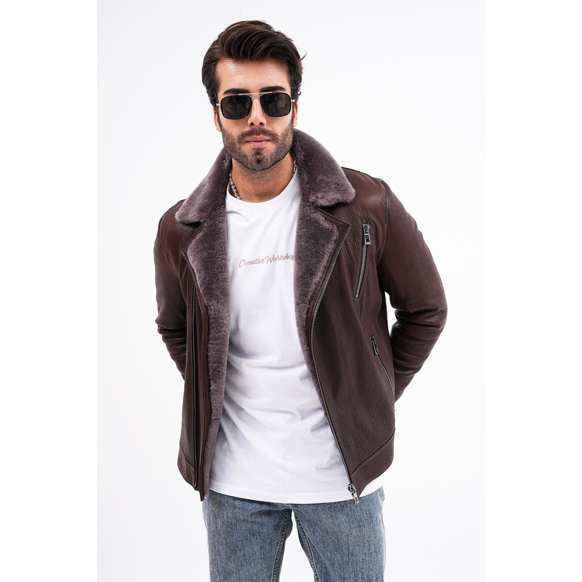 Vinci The Cortina Brown Shearling Leather Men Jacket