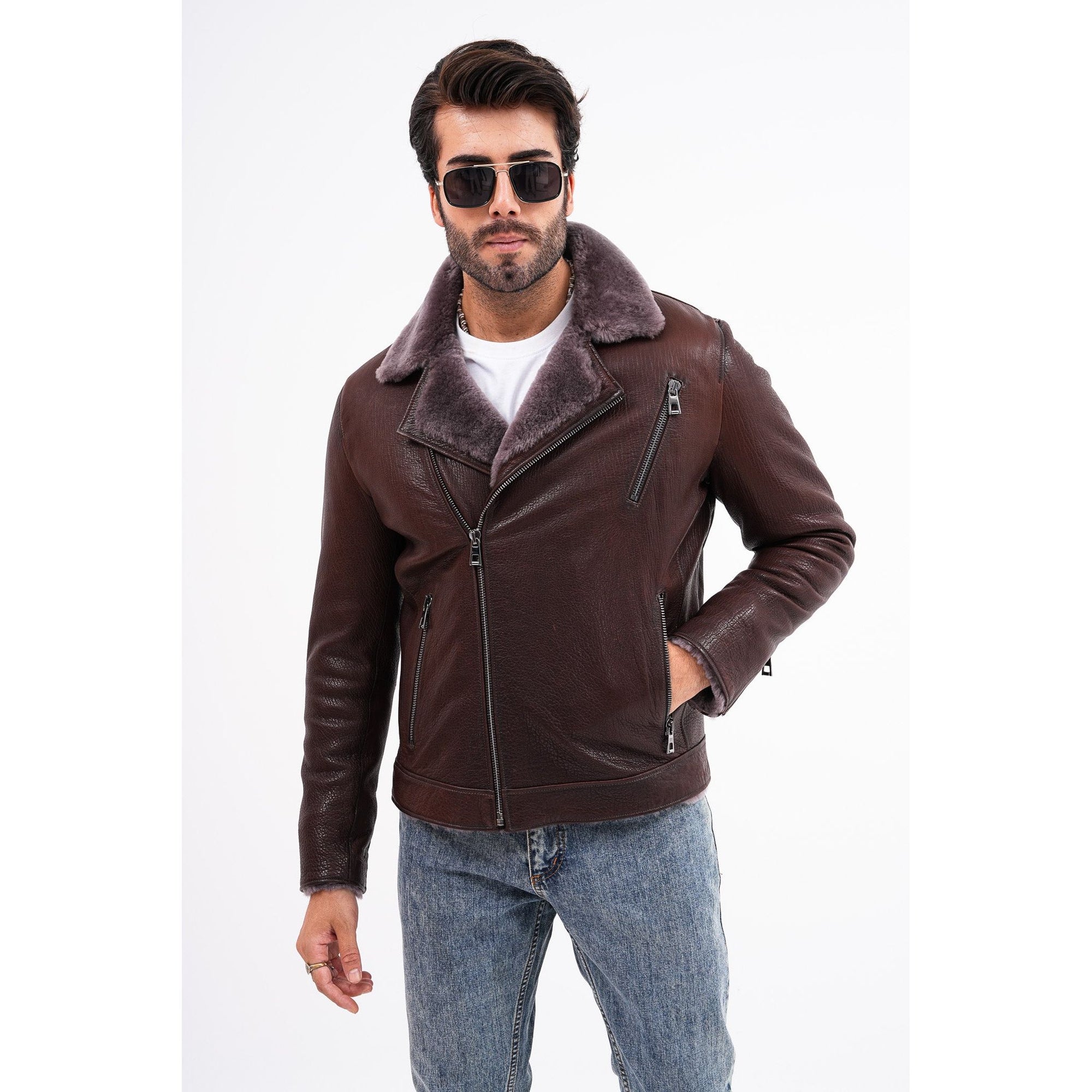 Vinci The Cortina Brown Shearling Leather Men Jacket
