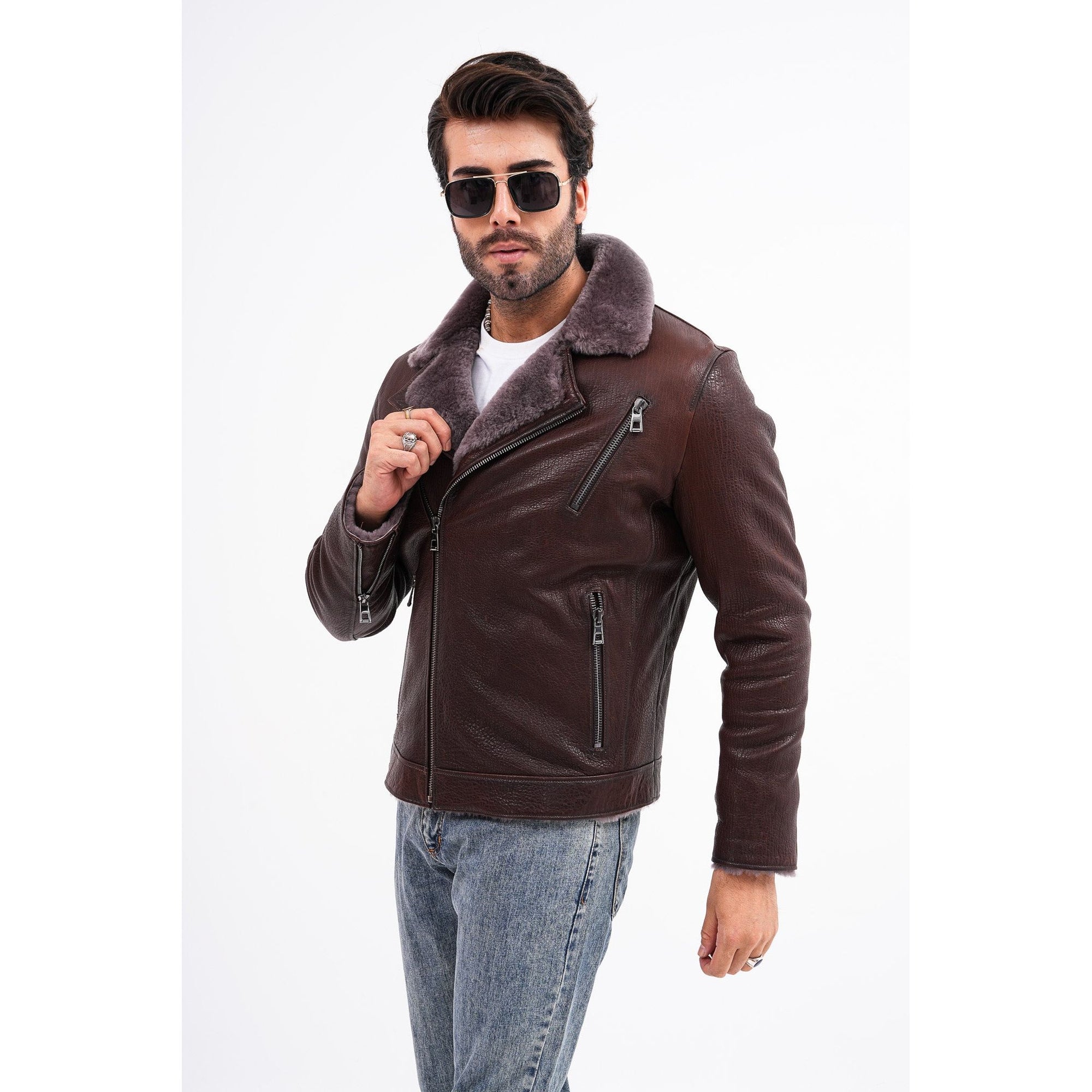 Vinci The Cortina Brown Shearling Leather Men Jacket