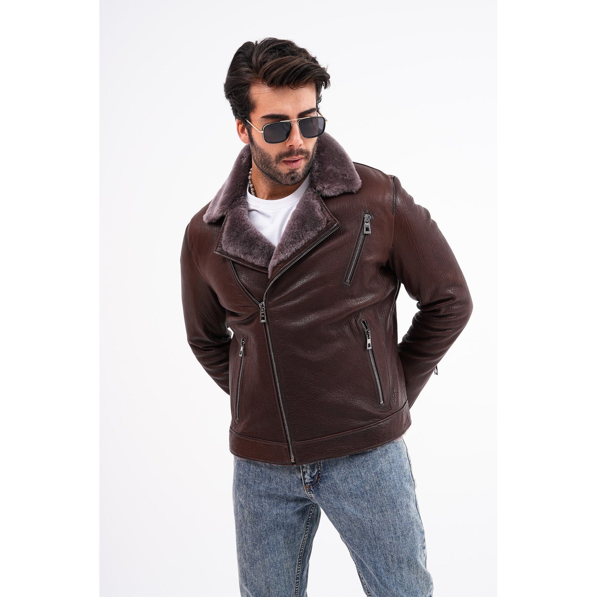 Vinci The Cortina Brown Shearling Leather Men Jacket