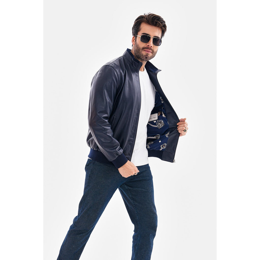 The Ardent Lambskin Men Leather Jacket Navy Blue