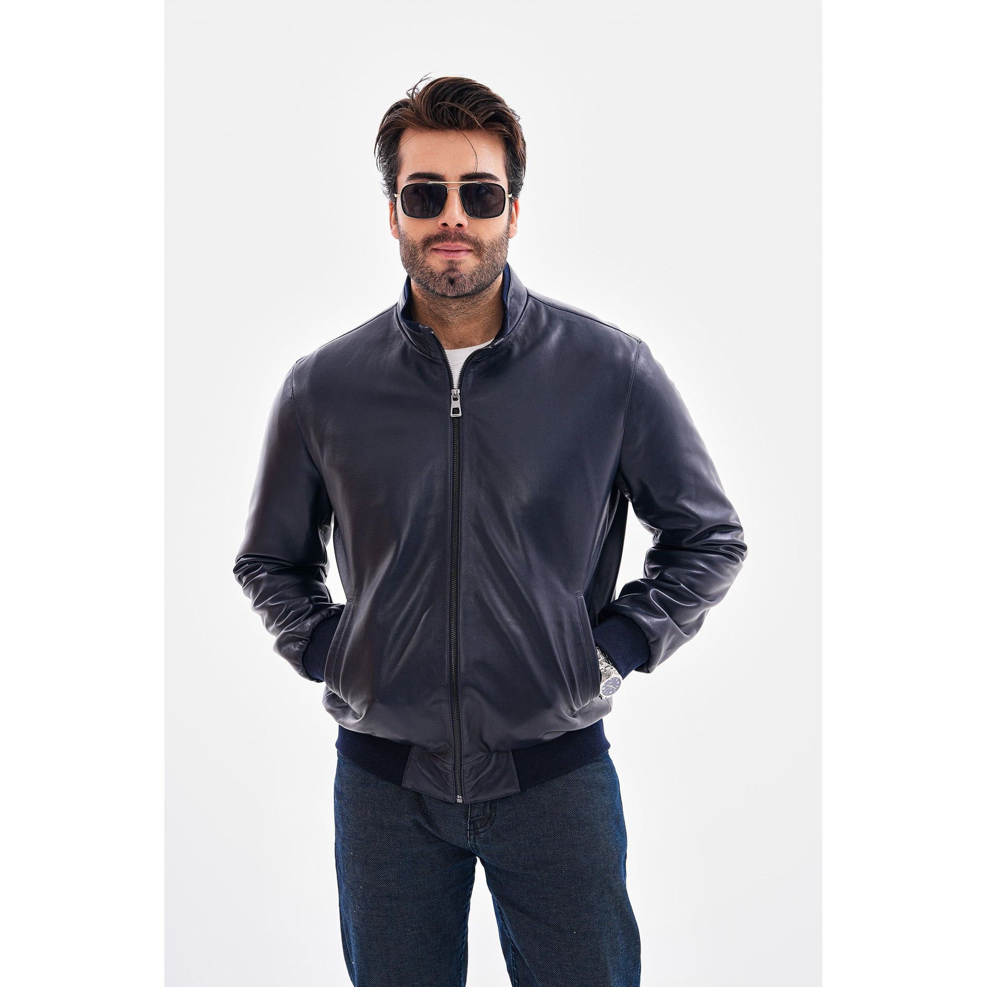 The Ardent Lambskin Men Leather Jacket Navy Blue