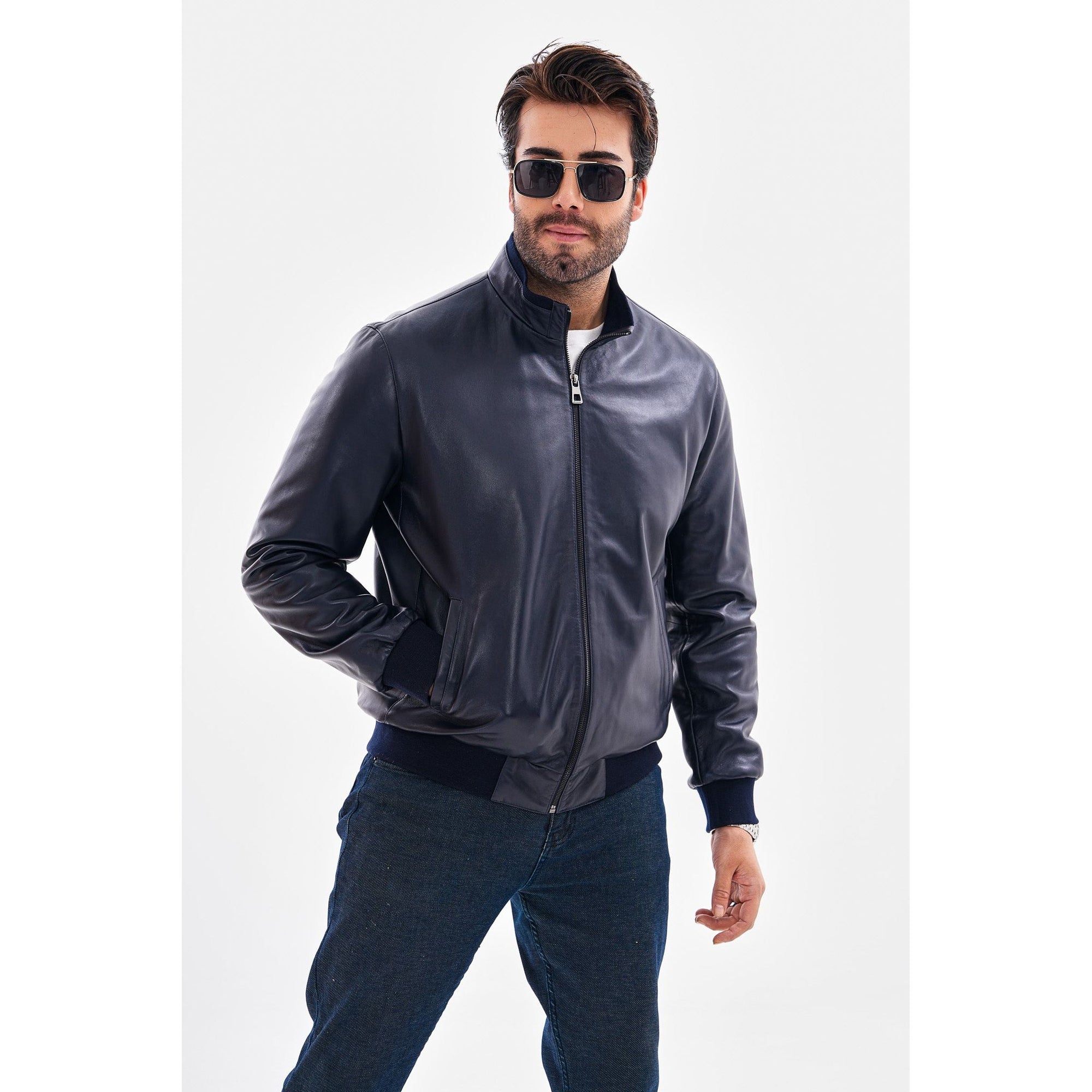 The Ardent Lambskin Men Leather Jacket Navy Blue