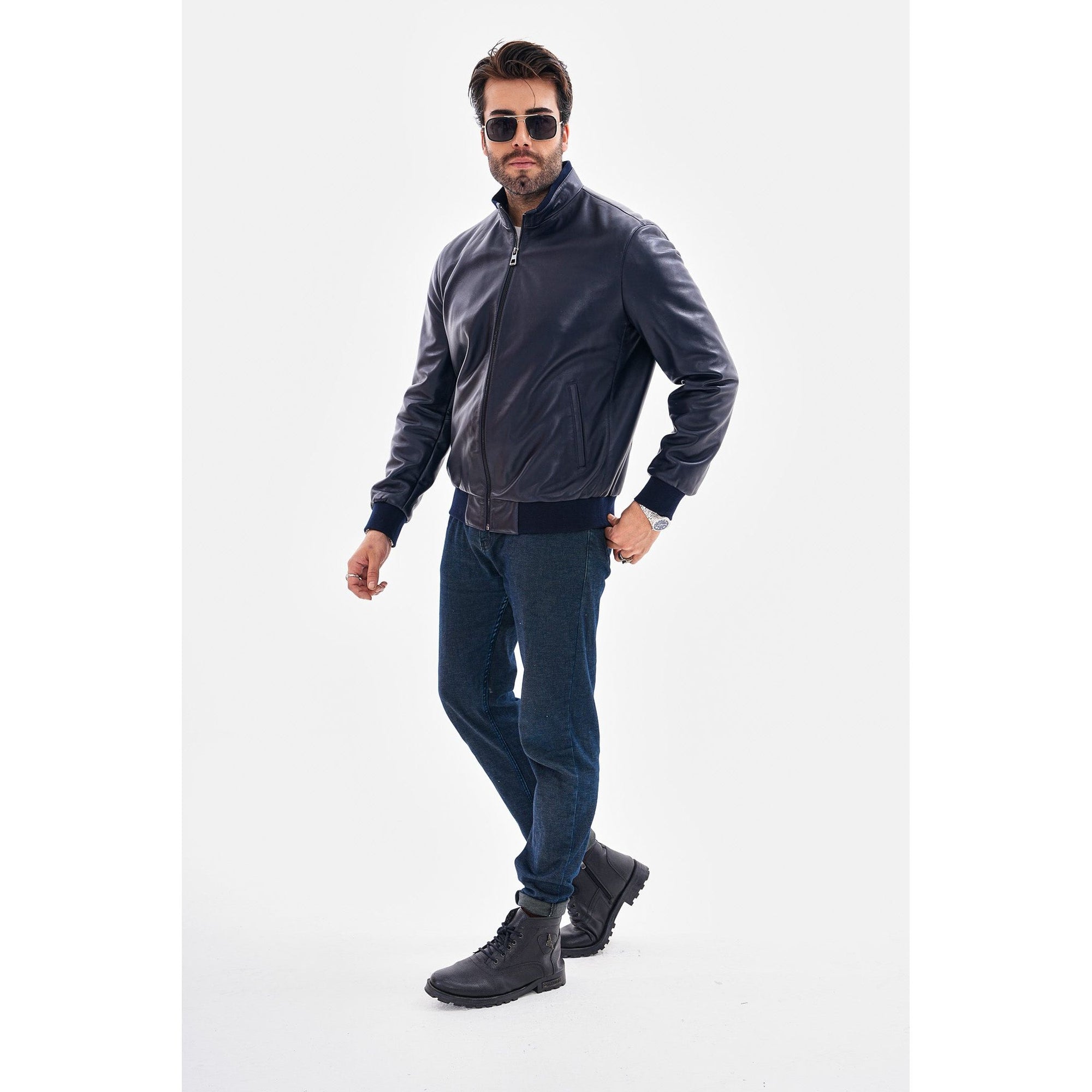 The Ardent Lambskin Men Leather Jacket Navy Blue