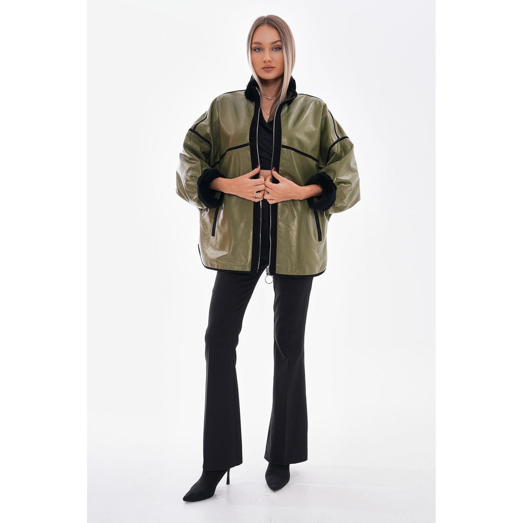 Vinci The Rebel Reversible Shearling Olive Green Leather Women Jacket