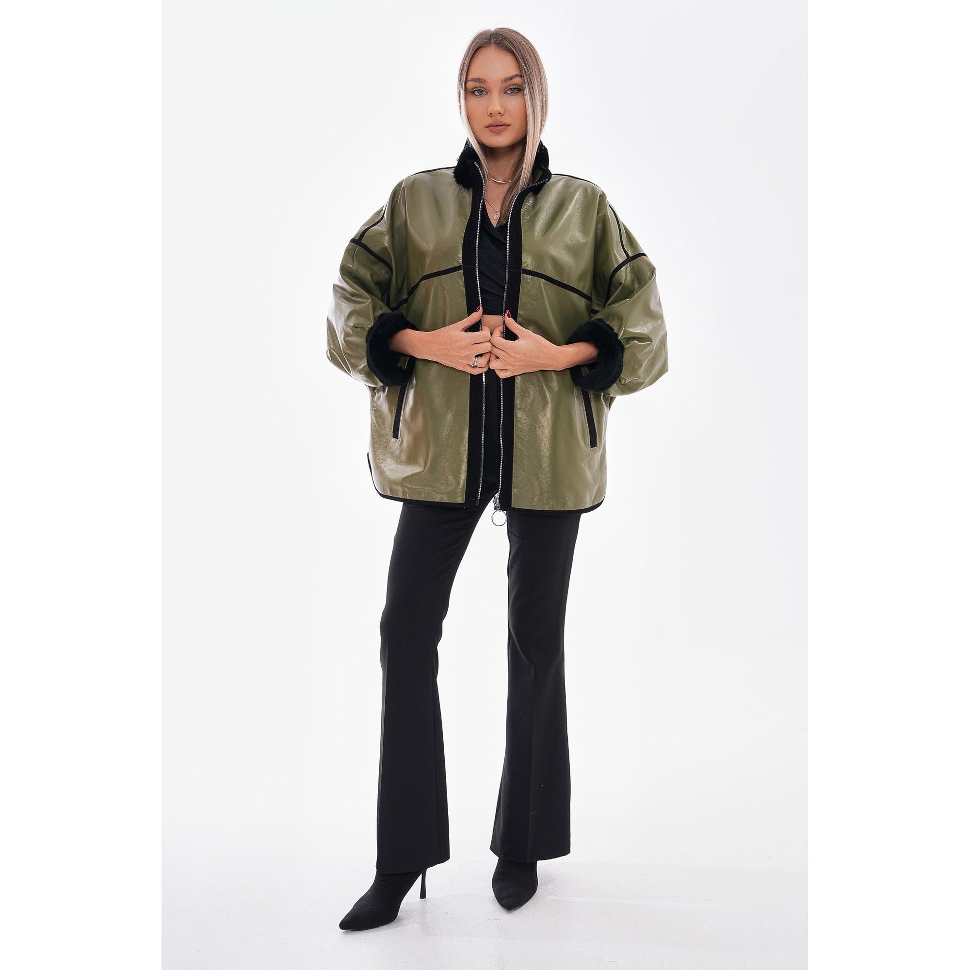 Vinci The Rebel Reversible Shearling Olive Green Leather Women Jacket