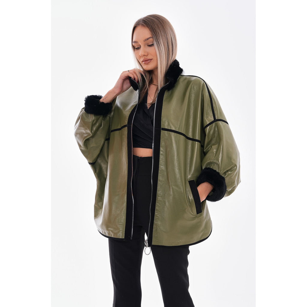 Vinci The Rebel Reversible Shearling Olive Green Leather Women Jacket
