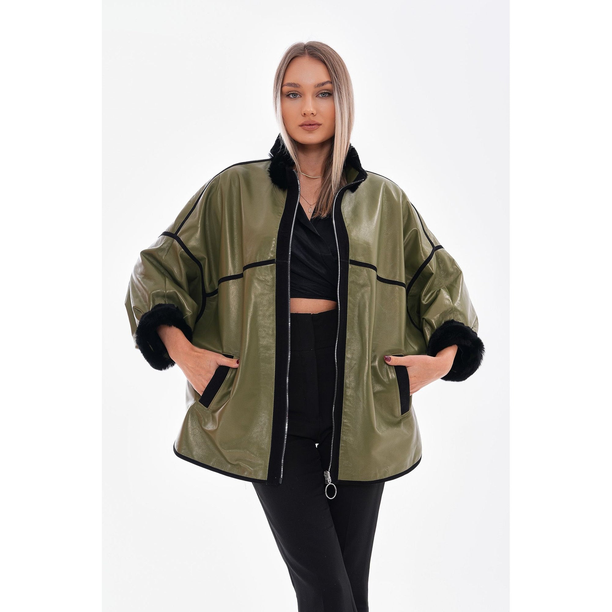 Vinci The Rebel Reversible Shearling Olive Green Leather Women Jacket