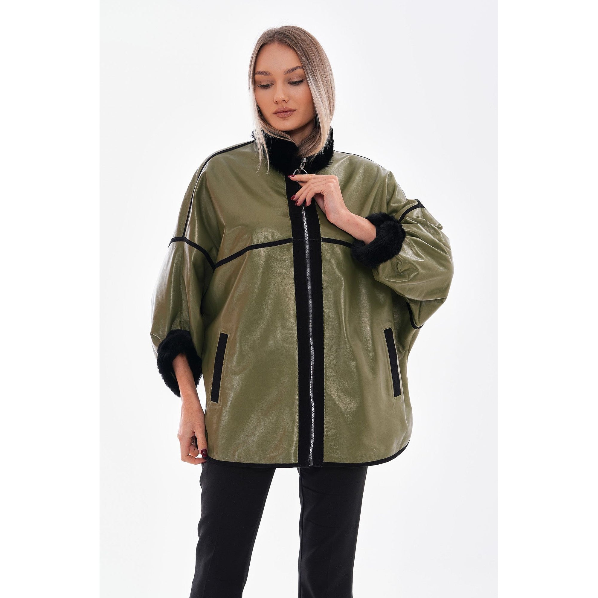 Vinci The Rebel Reversible Shearling Olive Green Leather Women Jacket